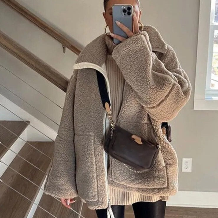 Peppi Faux Teddy Bear Lamb Wool Bomber Jacket