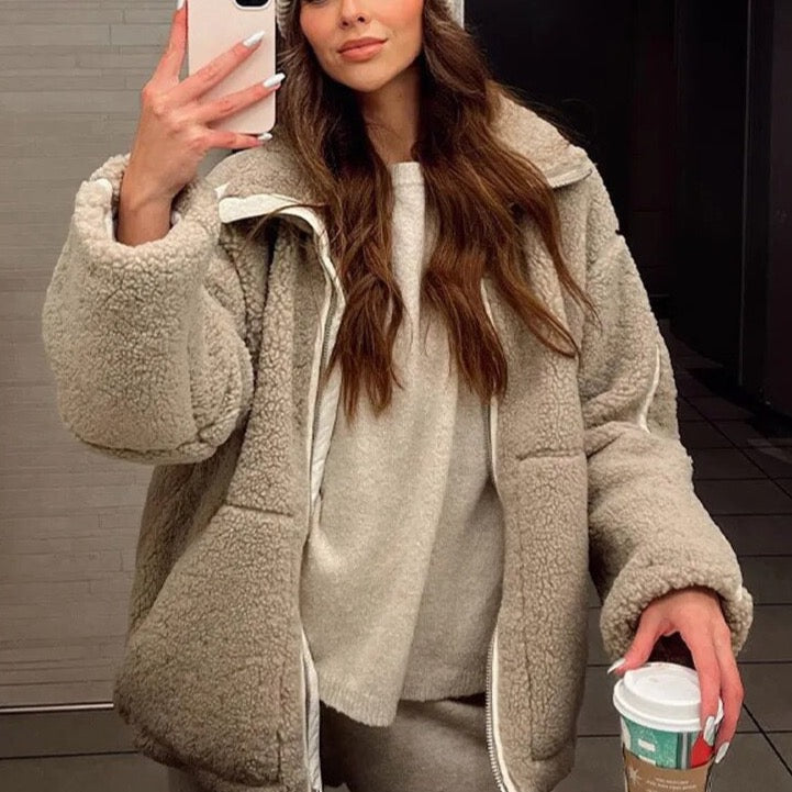 Peppi Faux Teddy Bear Lamb Wool Bomber Jacket