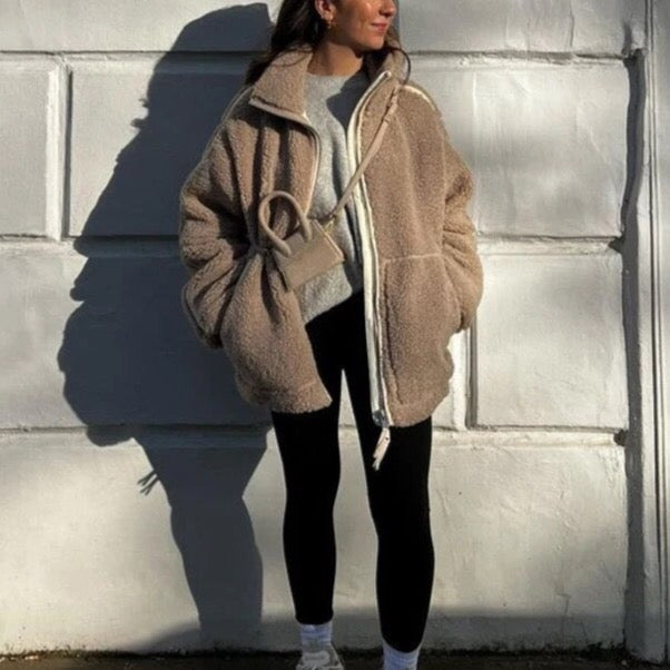 Peppi Faux Teddy Bear Lamb Wool Bomber Jacket