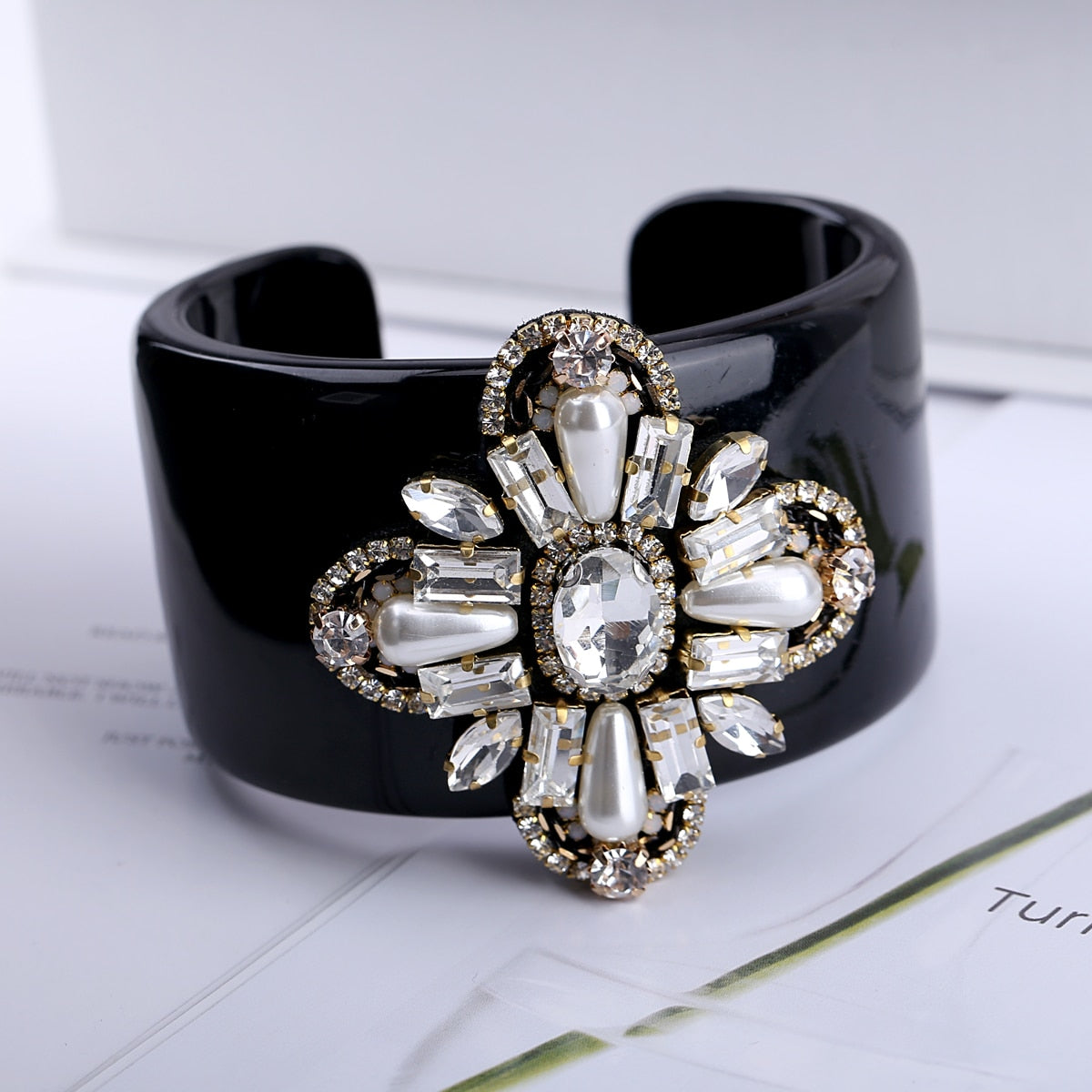 Pero Crystal Flower Black Resin Cuff Bracelet