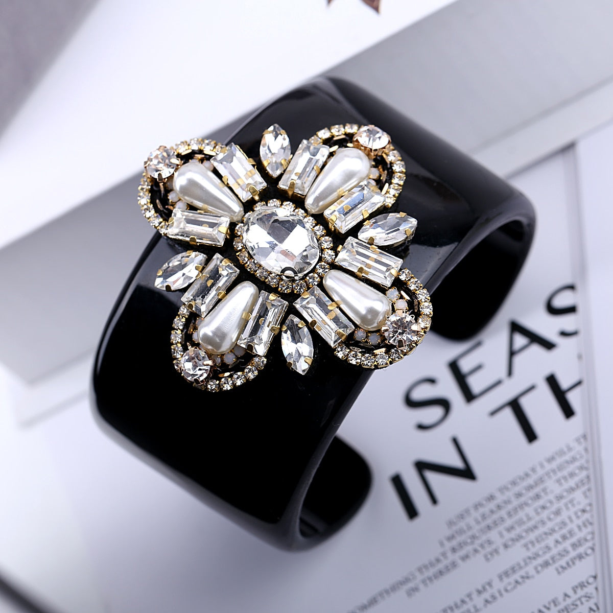 Pero Crystal Flower Black Resin Cuff Bracelet