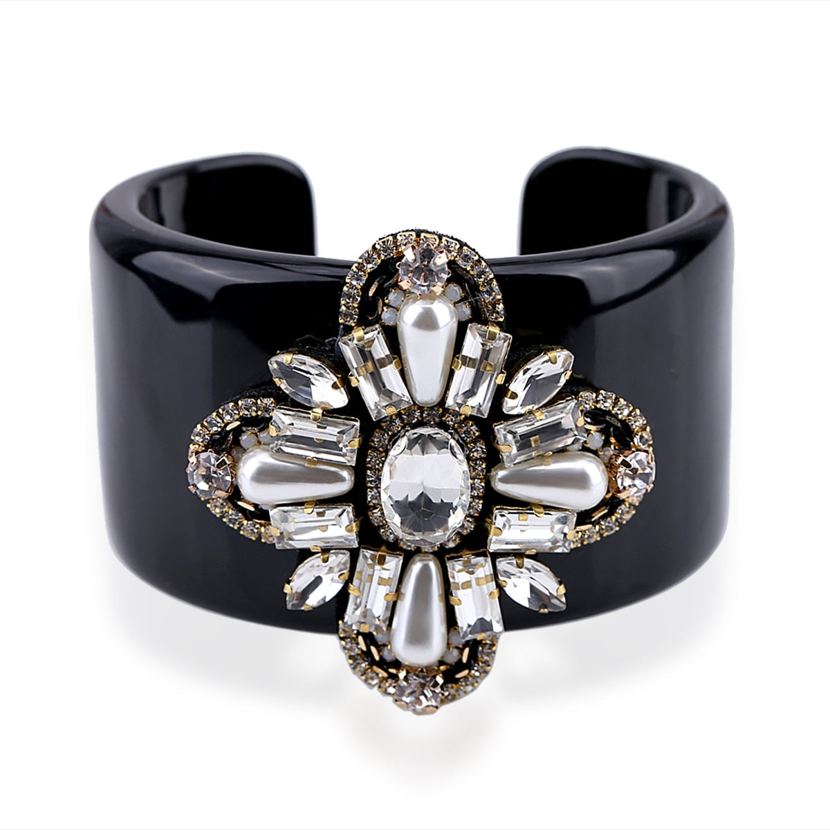 Pero Crystal Flower Black Resin Cuff Bracelet