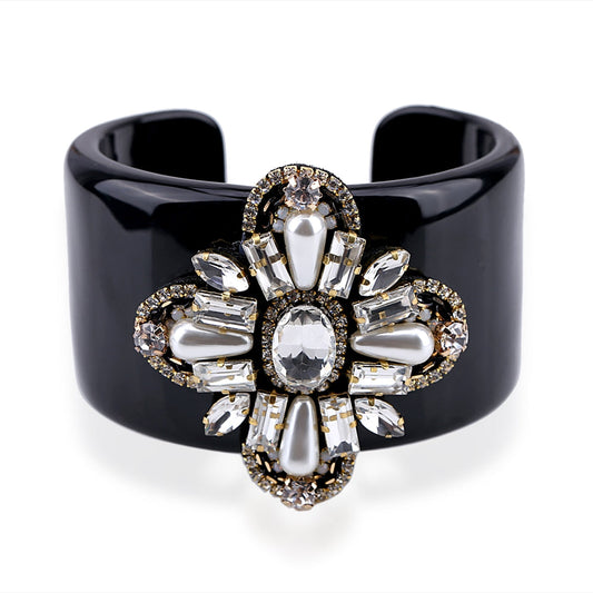 Pero Crystal Flower Black Resin Cuff Bracelet