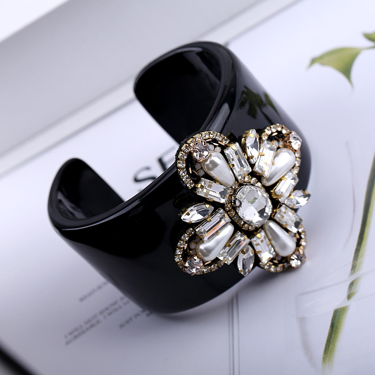 Pero Crystal Flower Black Resin Cuff Bracelet