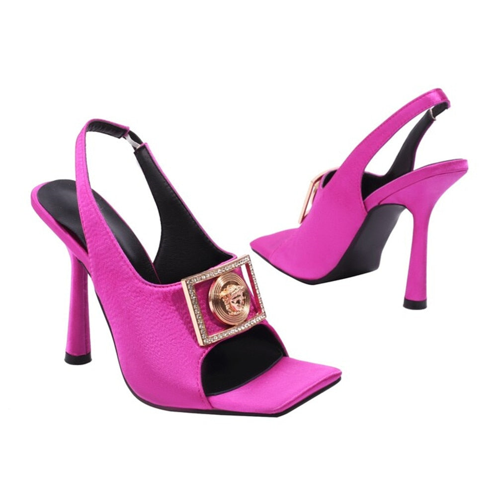 Petra Gold Buckle Satin High Heel Sandals - 7 Colors