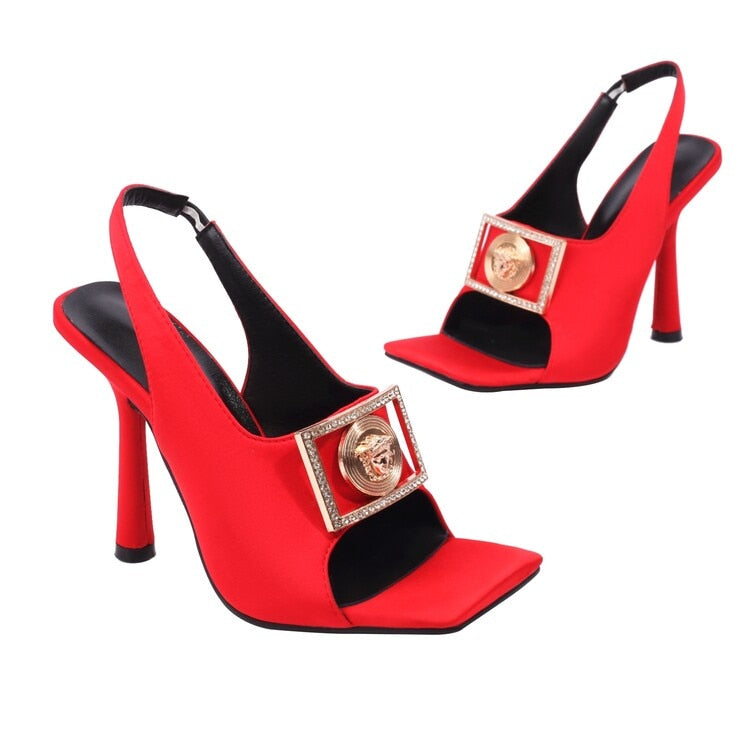 Petra Gold Buckle Satin High Heel Sandals - 7 Colors