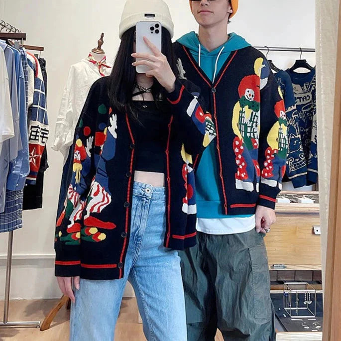 Pierrot Clown Prints Intarsia Cardigan