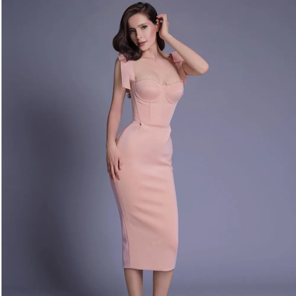 New Pink White Sleeveless Bodycon Midi Dress