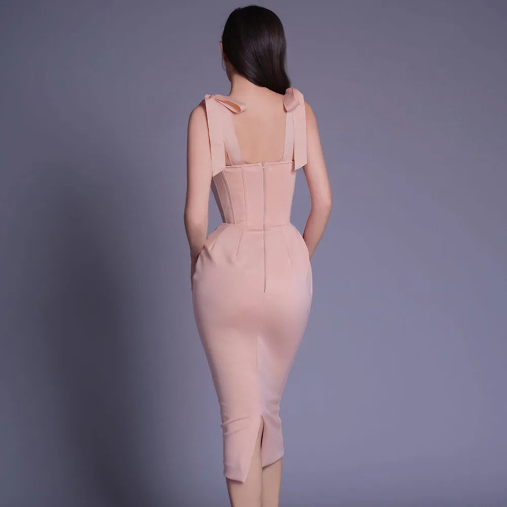 New Pink White Sleeveless Bodycon Midi Dress