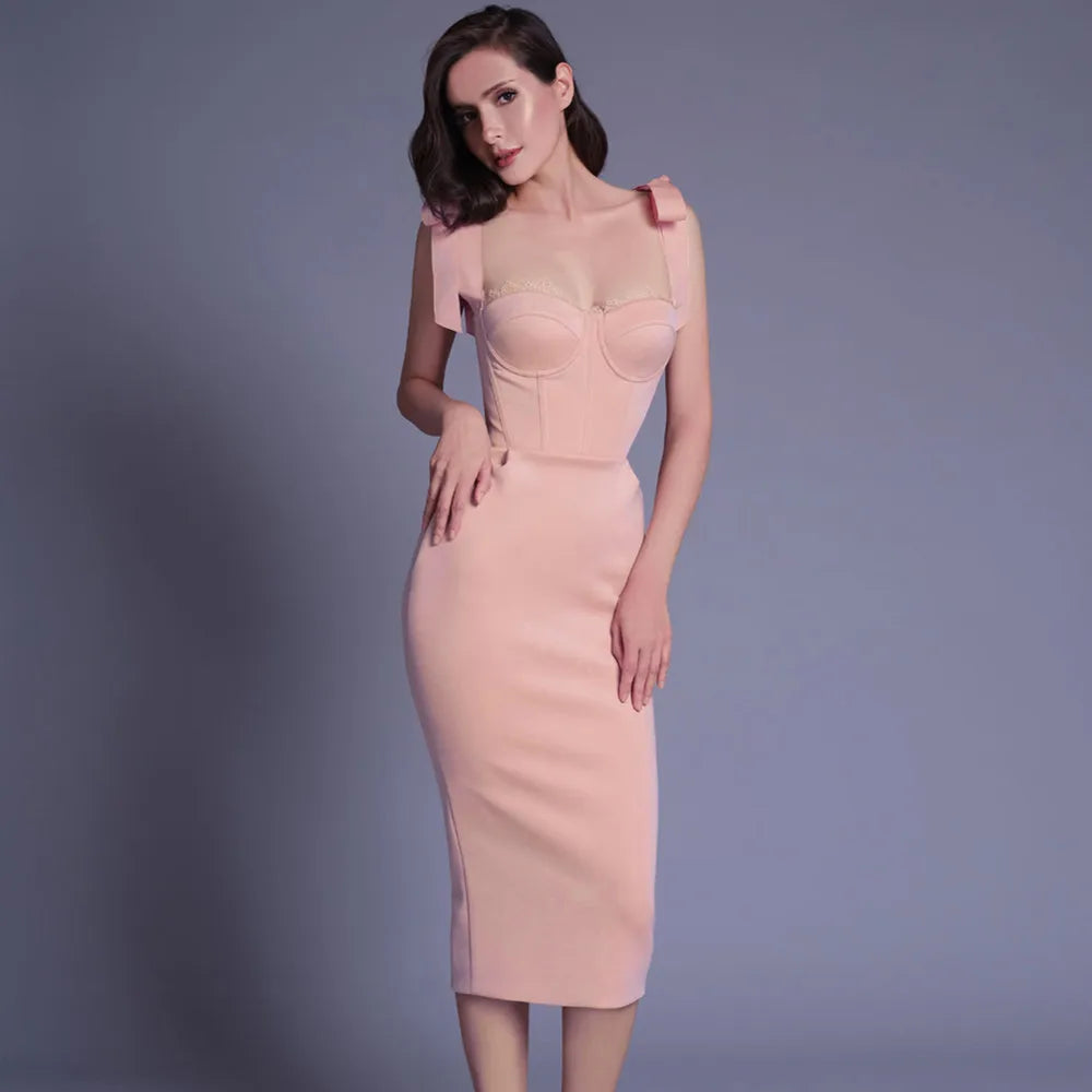 New Pink White Sleeveless Bodycon Midi Dress