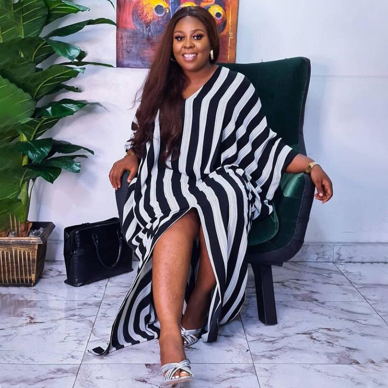 Plus Size Elegant Dresses Striped Print Split Party  Fashion Batwing Sleeve