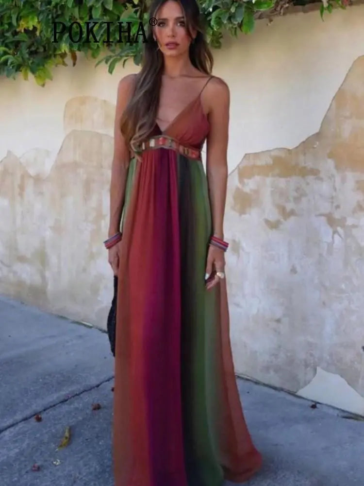 Vintage Sleeveless V Neck High Waist Tie Dye Camo Boho Dress