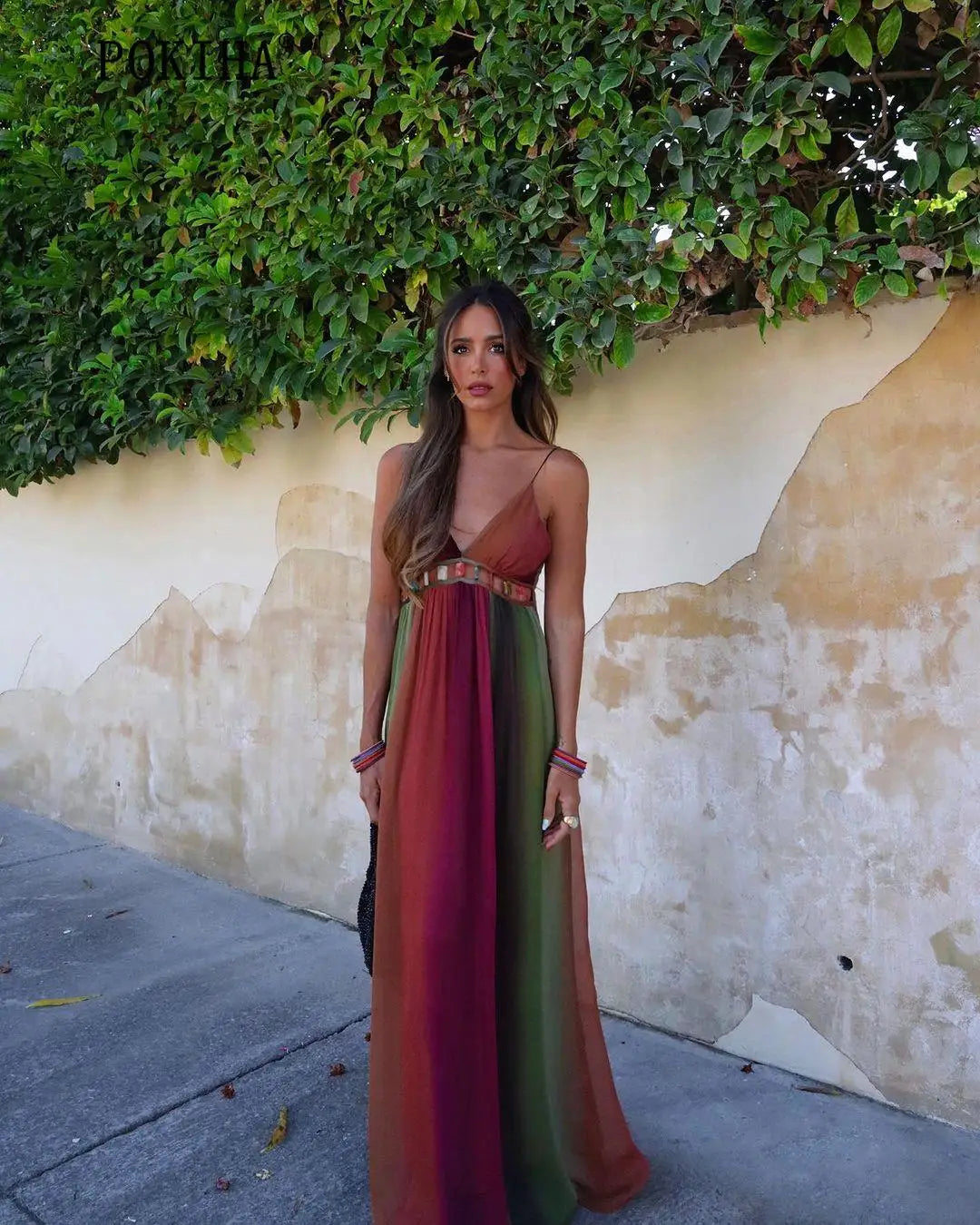 Vintage Sleeveless V Neck High Waist Tie Dye Camo Boho Dress