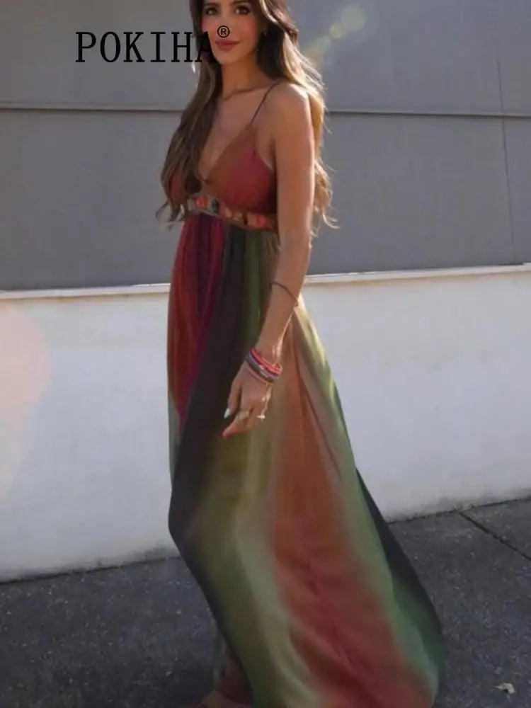 Vintage Sleeveless V Neck High Waist Tie Dye Camo Boho Dress