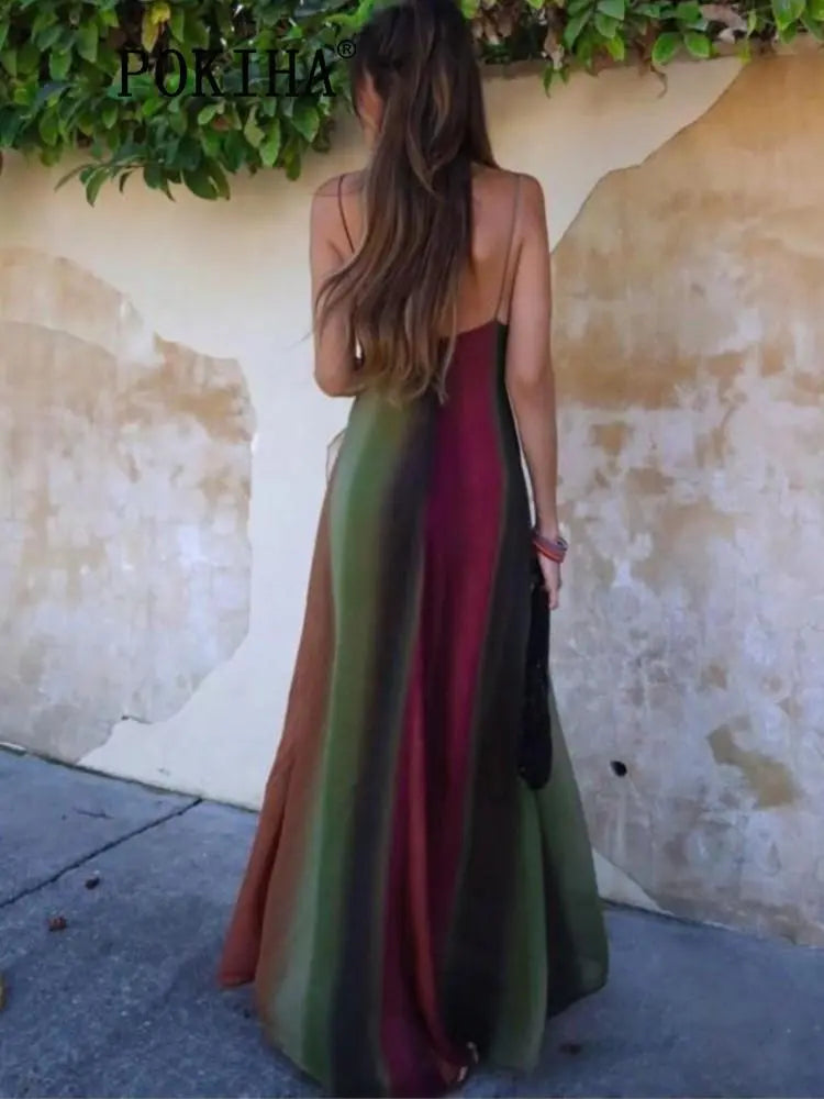 Vintage Sleeveless V Neck High Waist Tie Dye Camo Boho Dress