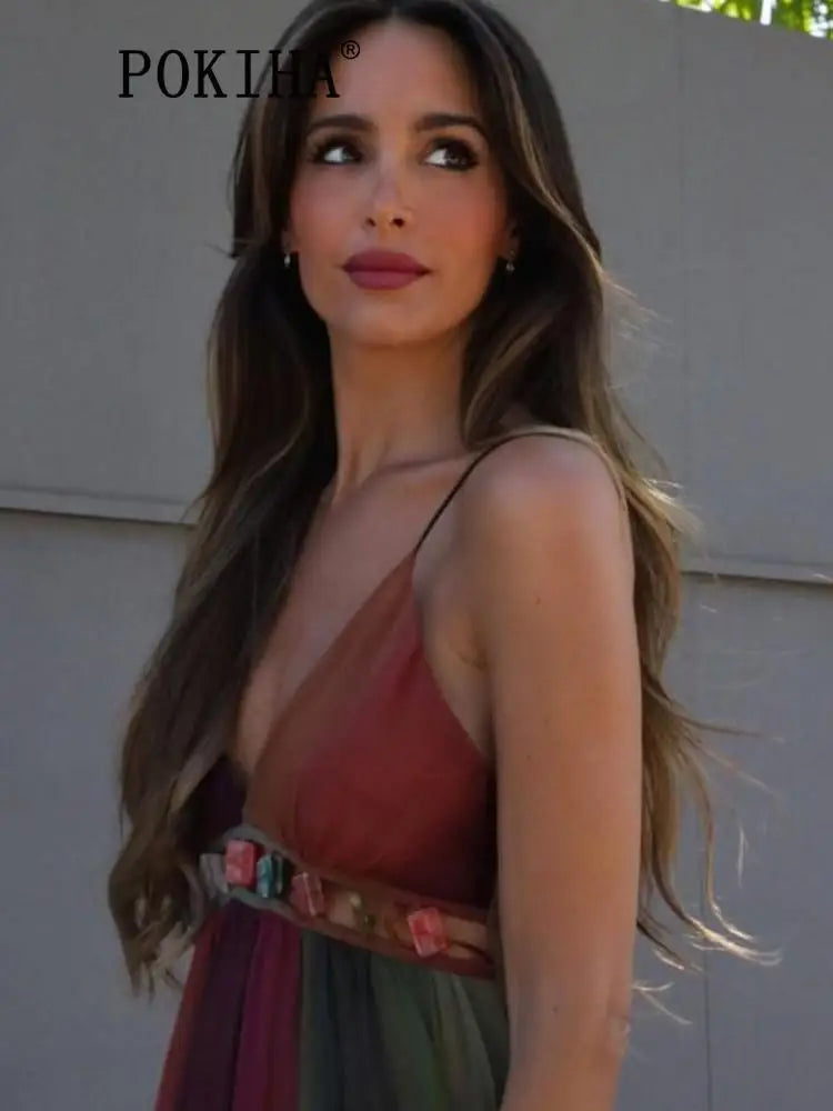 Vintage Sleeveless V Neck High Waist Tie Dye Camo Boho Dress