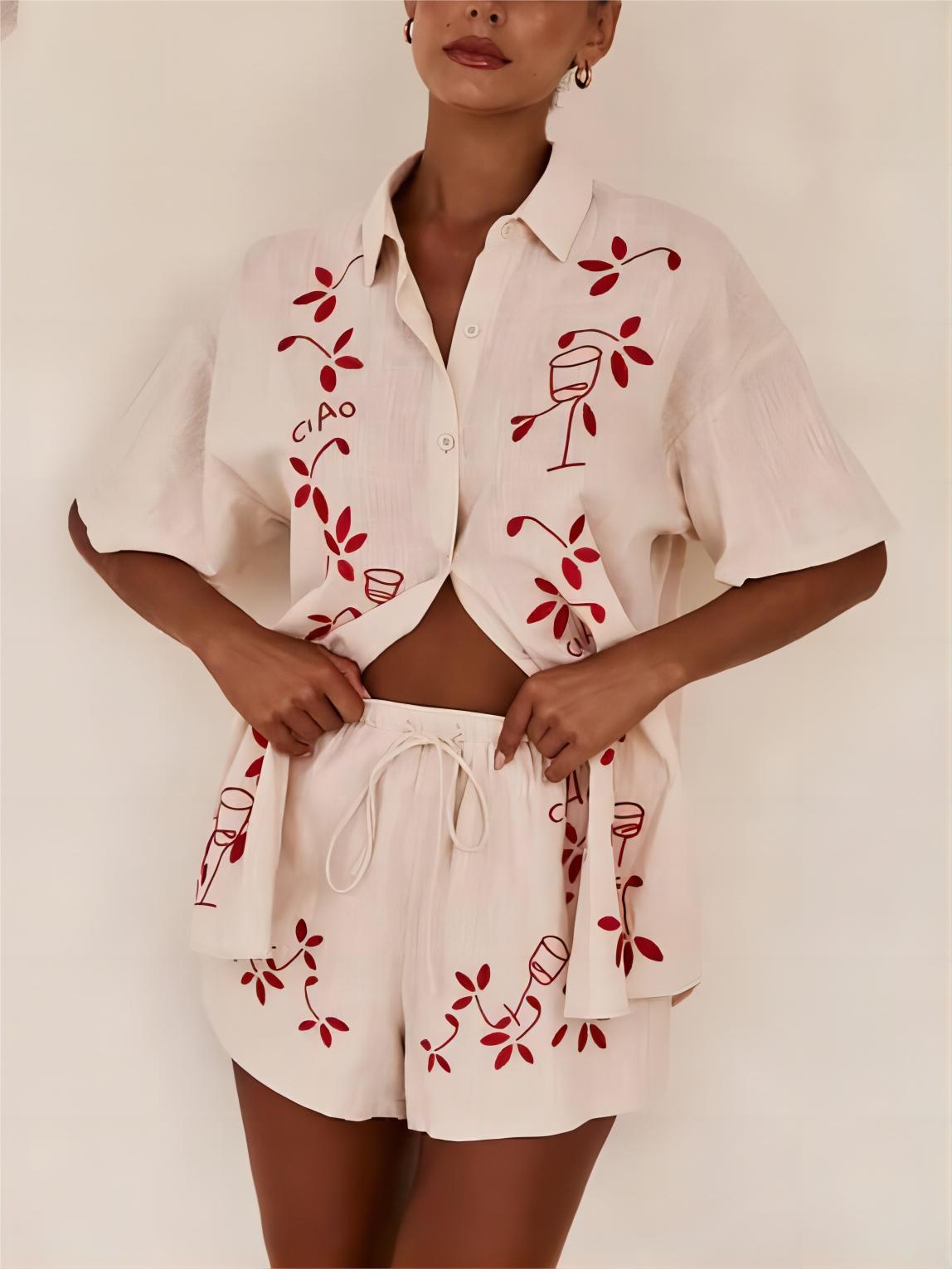 Square Collar Loose-Fitting Drop Sleeve Short Set