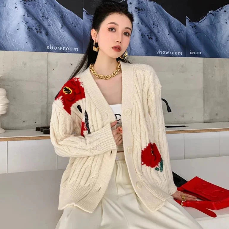 Red Flower Cable Knit Sweater Cardigan
