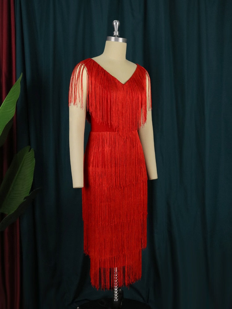 Red Tassel Dresses V-Neck Fringe Cocktail Event Party Outfits