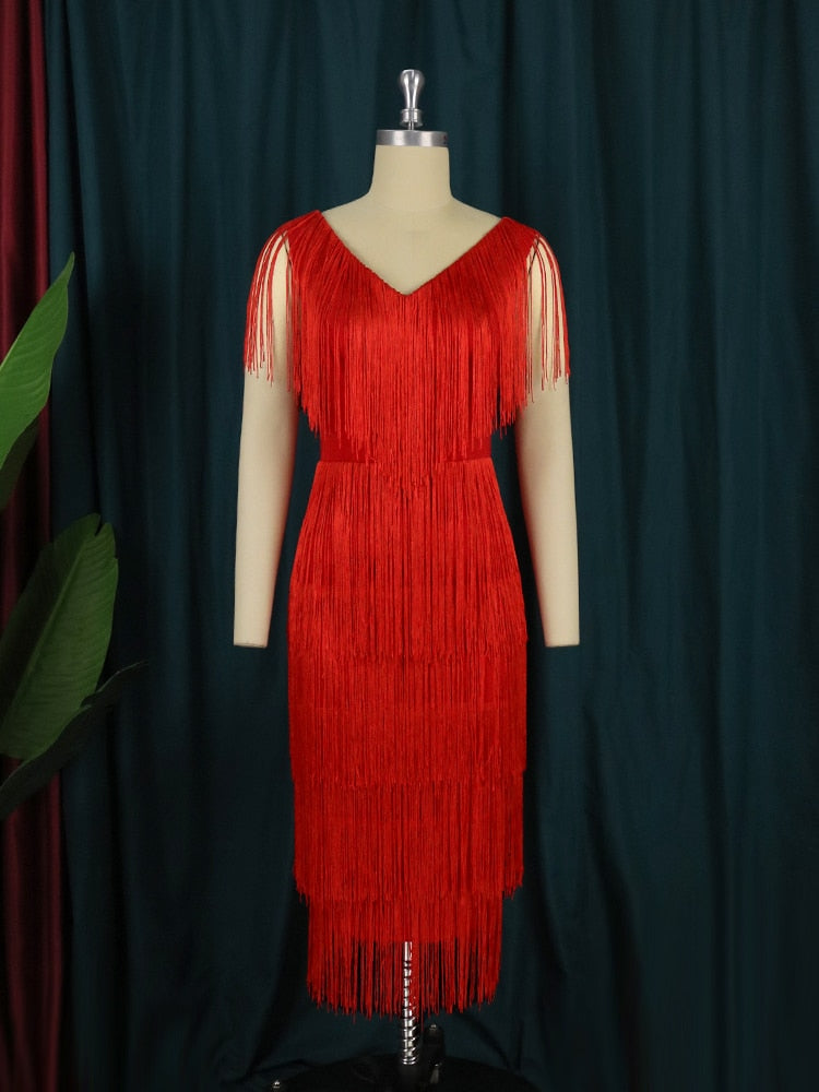 Red Tassel Dresses V-Neck Fringe Cocktail Event Party Outfits