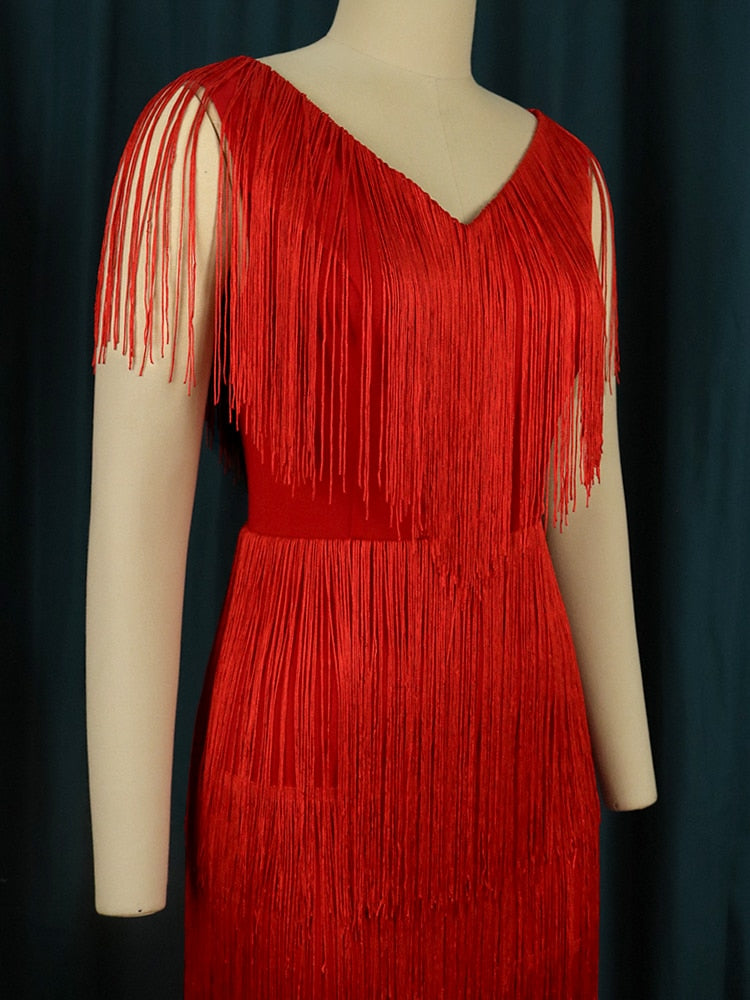 Red Tassel Dresses V-Neck Fringe Cocktail Event Party Outfits