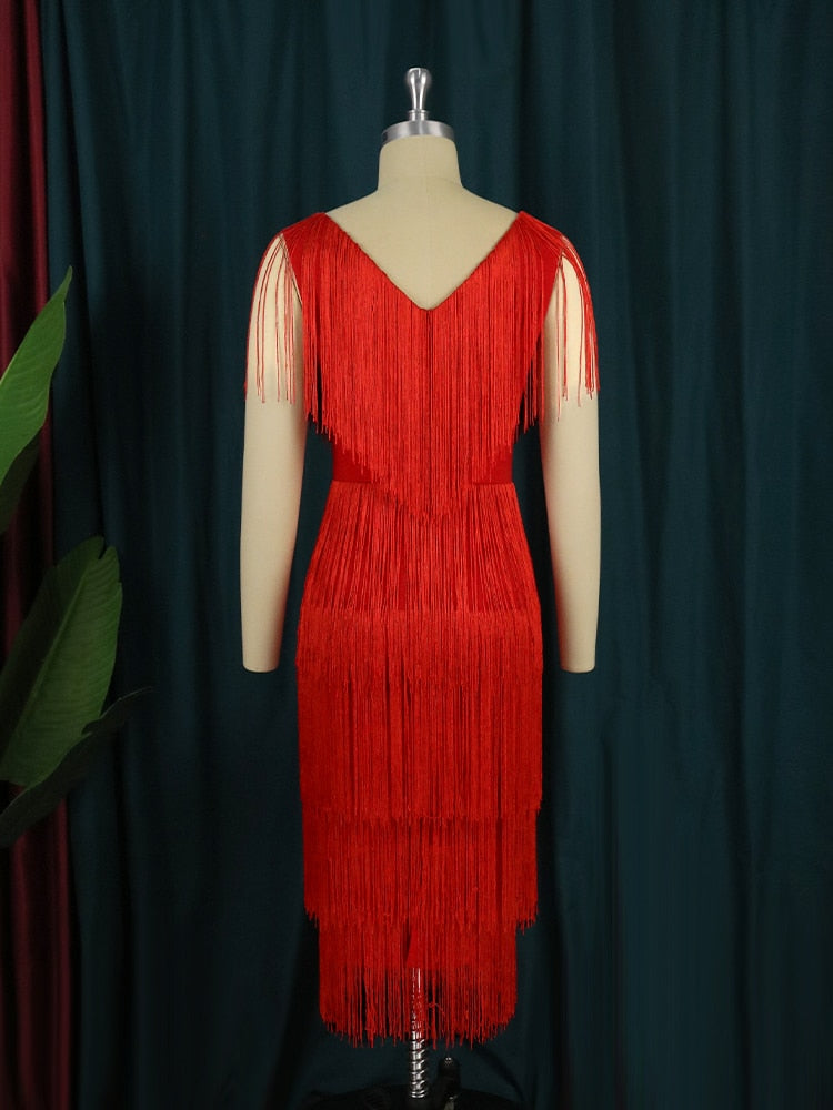 Red Tassel Dresses V-Neck Fringe Cocktail Event Party Outfits