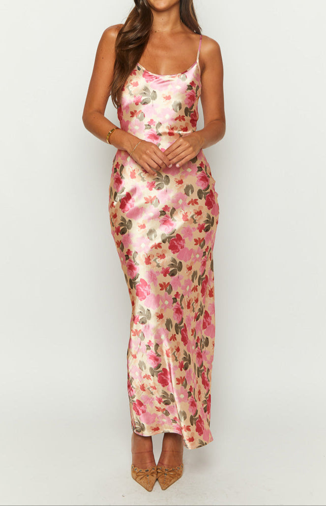 Lilla Yellow Floral Print Satin Maxi Dress