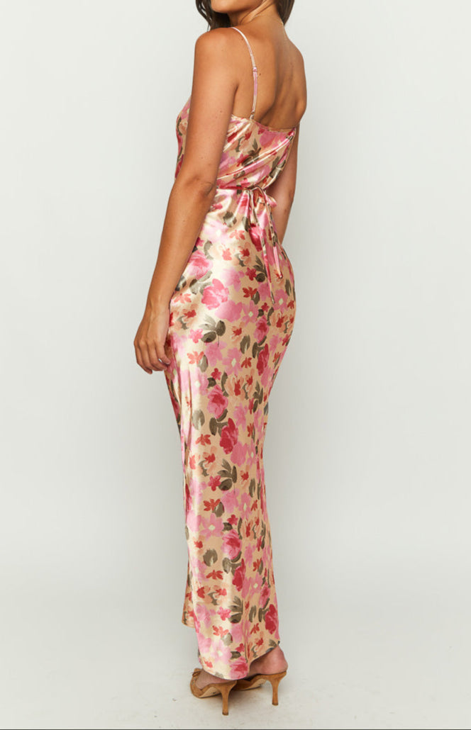 Lilla Yellow Floral Print Satin Maxi Dress