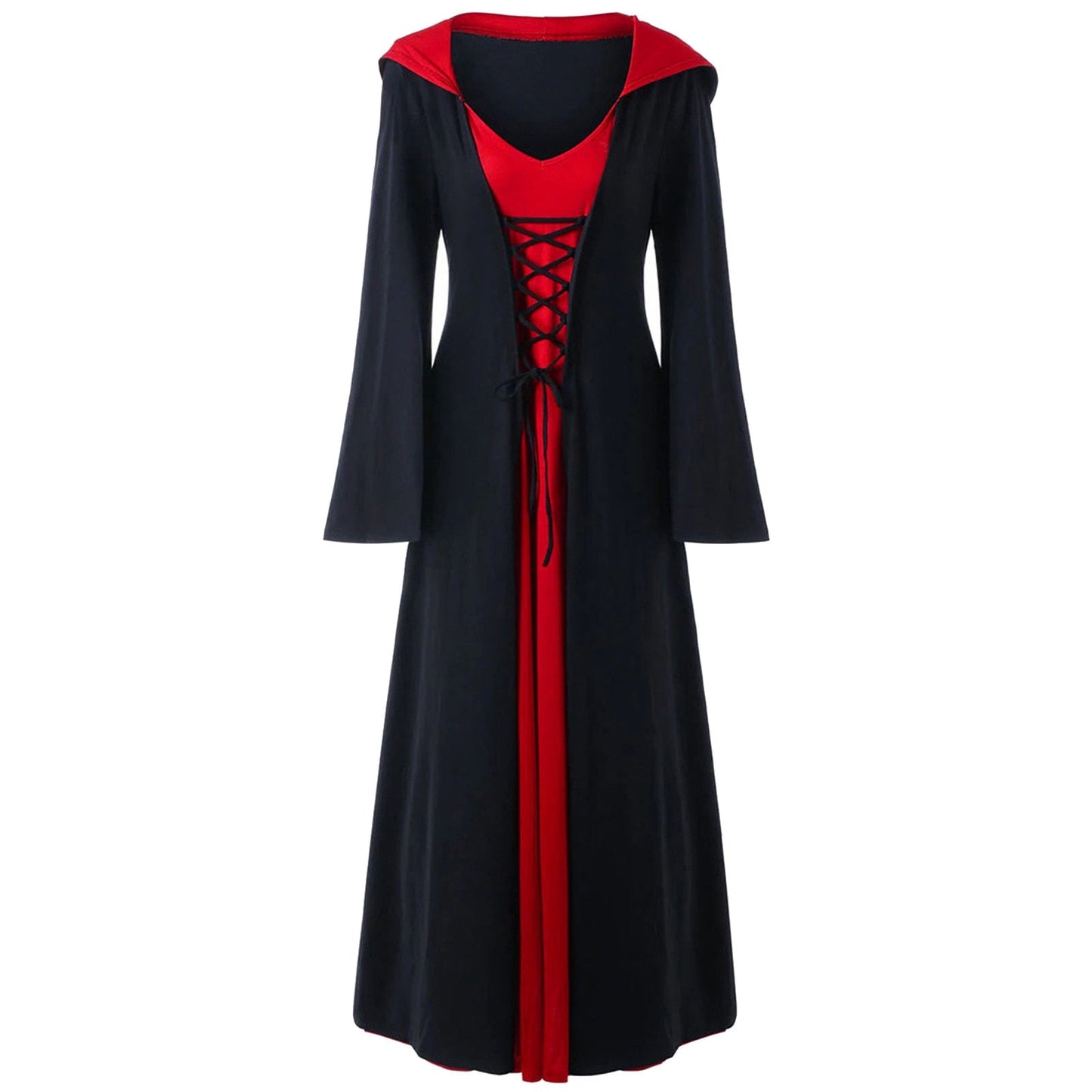 Retro Christmas Costume Plus Size Hooded Lace Up Patchwork Dress