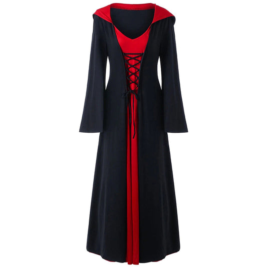 Retro Christmas Costume Plus Size Hooded Lace Up Patchwork Dress