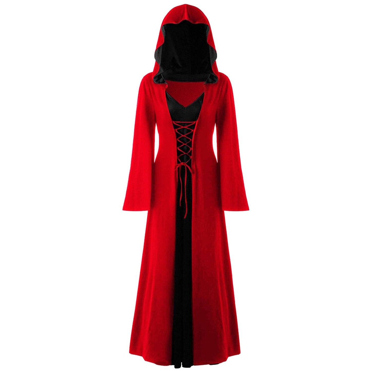 Retro Christmas Costume Plus Size Hooded Lace Up Patchwork Dress