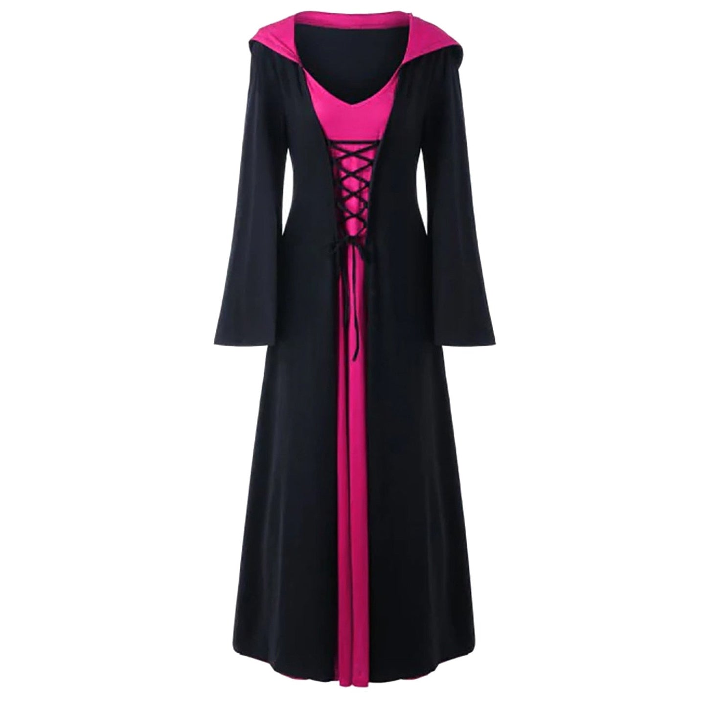 Retro Christmas Costume Plus Size Hooded Lace Up Patchwork Dress