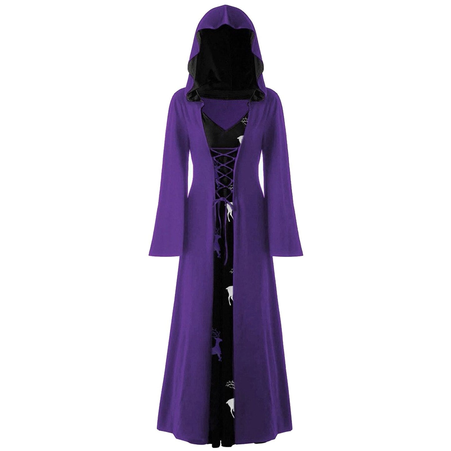 Retro Christmas Costume Plus Size Hooded Lace Up Patchwork Dress