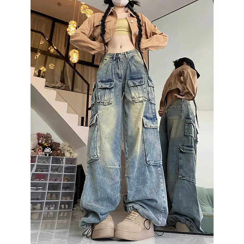 Retro Autumn Women's Multi-Pocket Design High Street Jeans