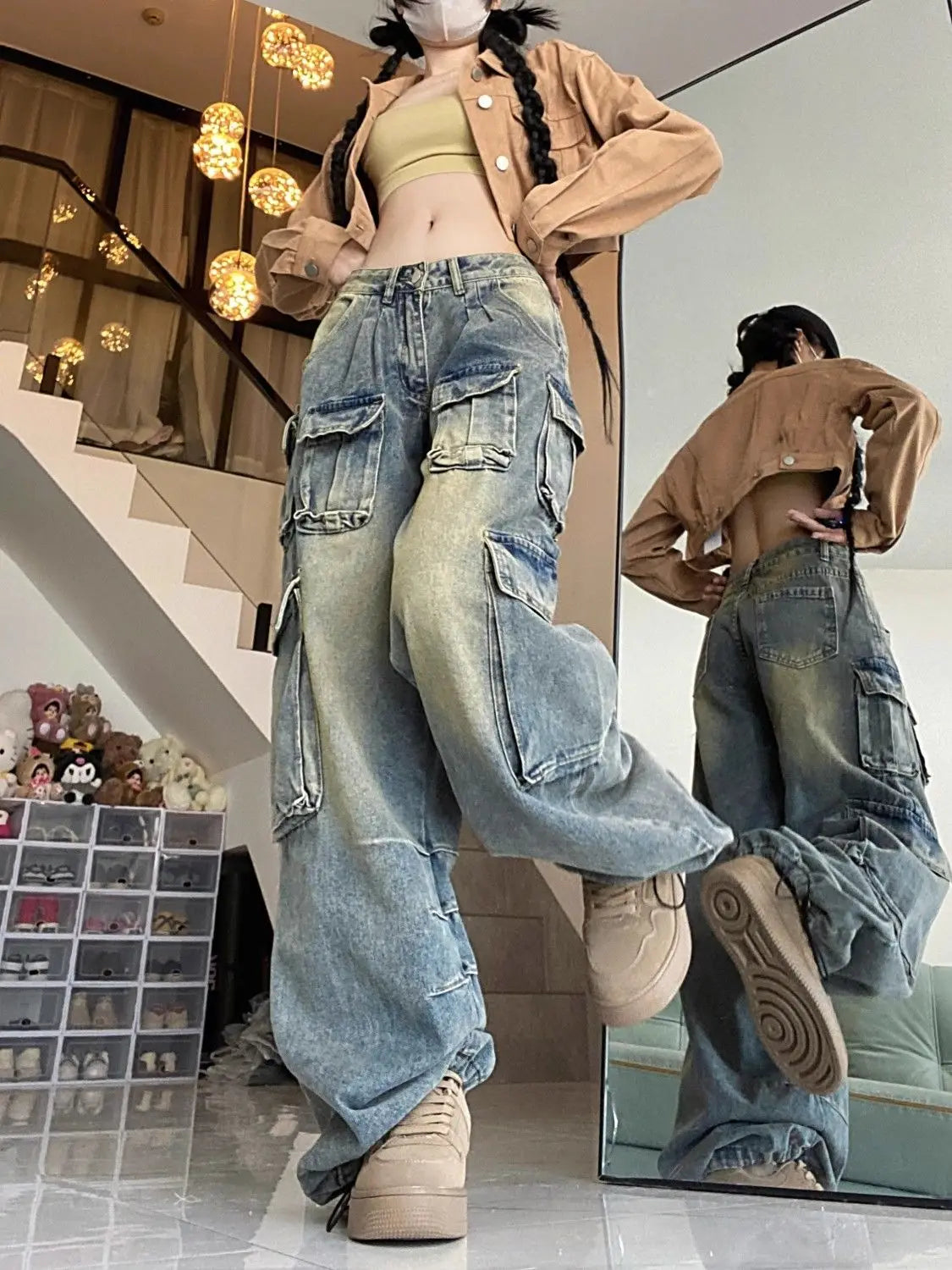 Retro Autumn Women's Multi-Pocket Design High Street Jeans