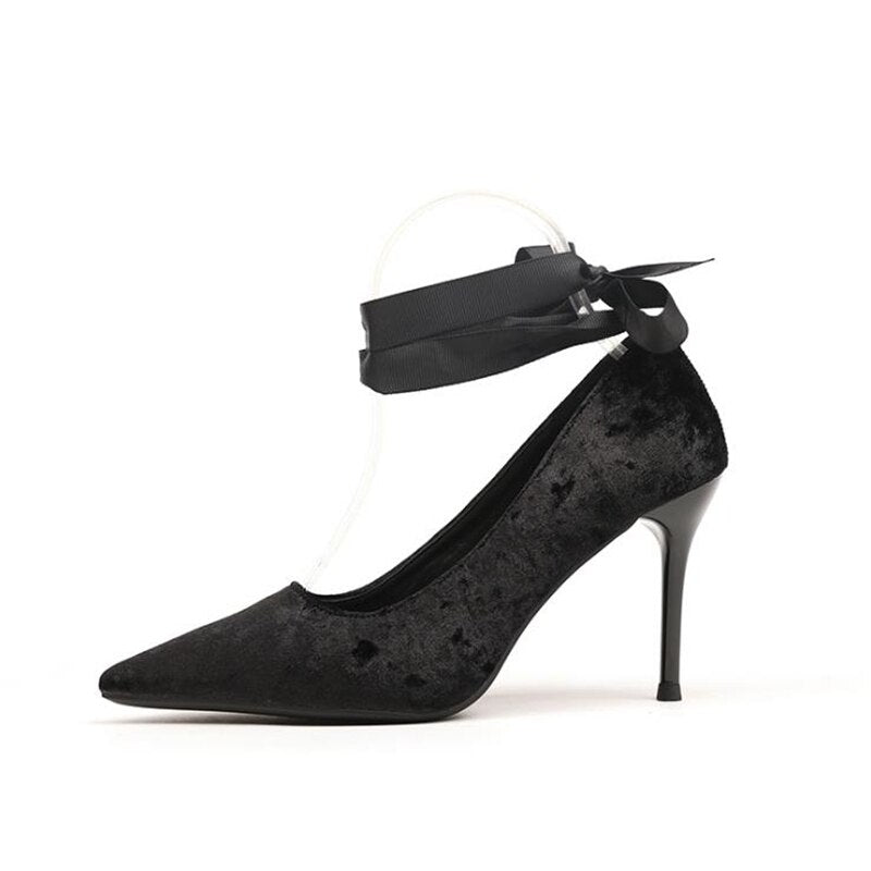 Ribbon Lace Up Crushed Velvet Pumps