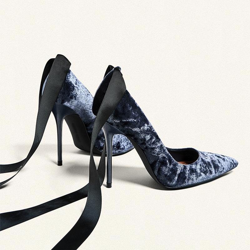 Ribbon Lace Up Crushed Velvet Pumps