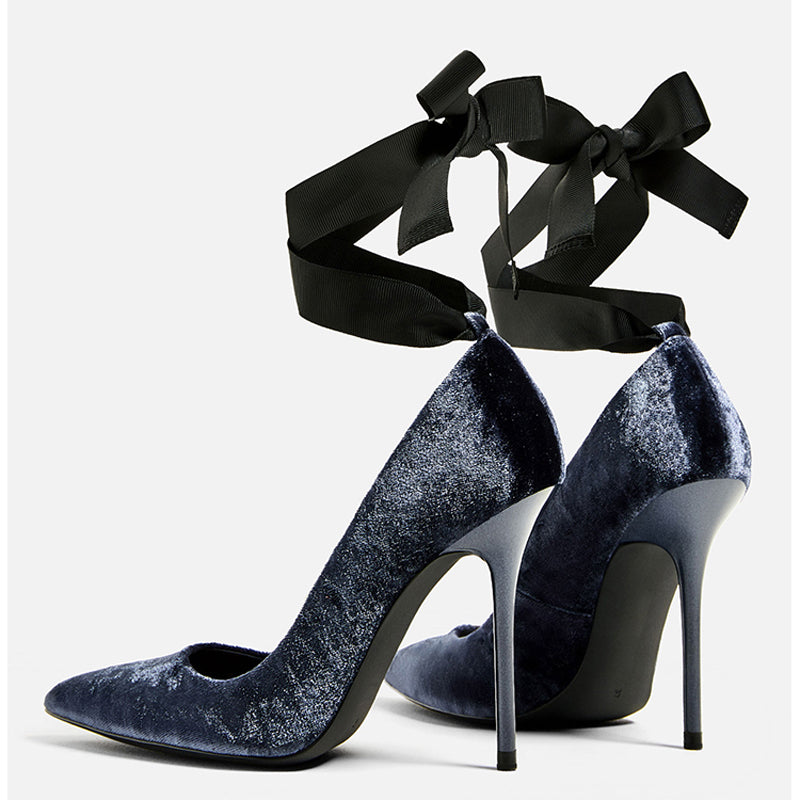 Ribbon Lace Up Crushed Velvet Pumps