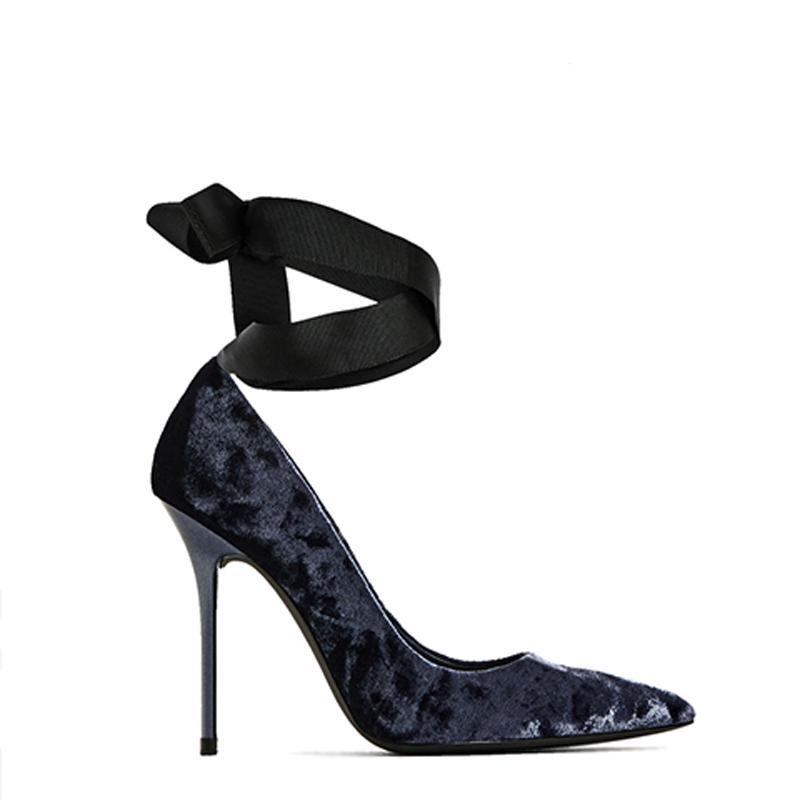 Ribbon Lace Up Crushed Velvet Pumps