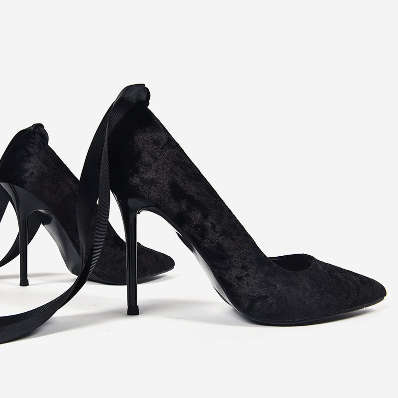 Ribbon Lace Up Crushed Velvet Pumps