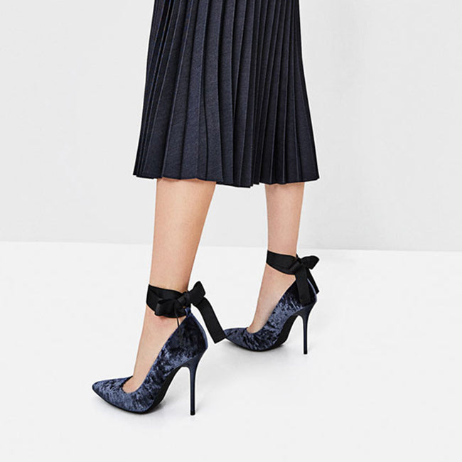 Ribbon Lace Up Crushed Velvet Pumps
