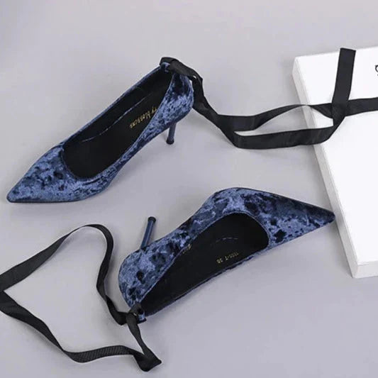 Ribbon Lace Up Crushed Velvet Pumps