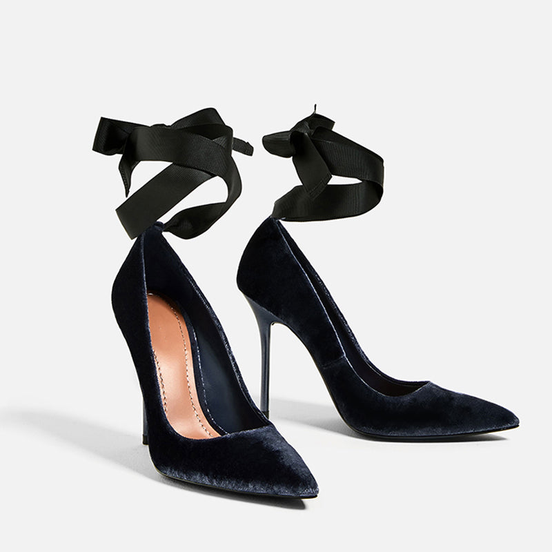 Ribbon Lace Up Crushed Velvet Pumps