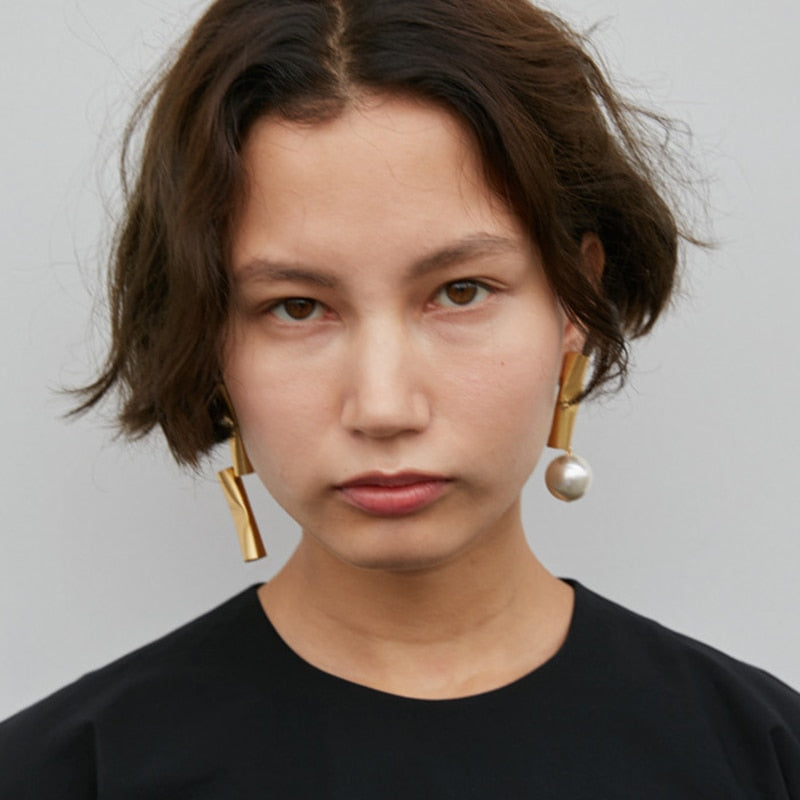 Roi Abstract Brass and Pearl Earrings