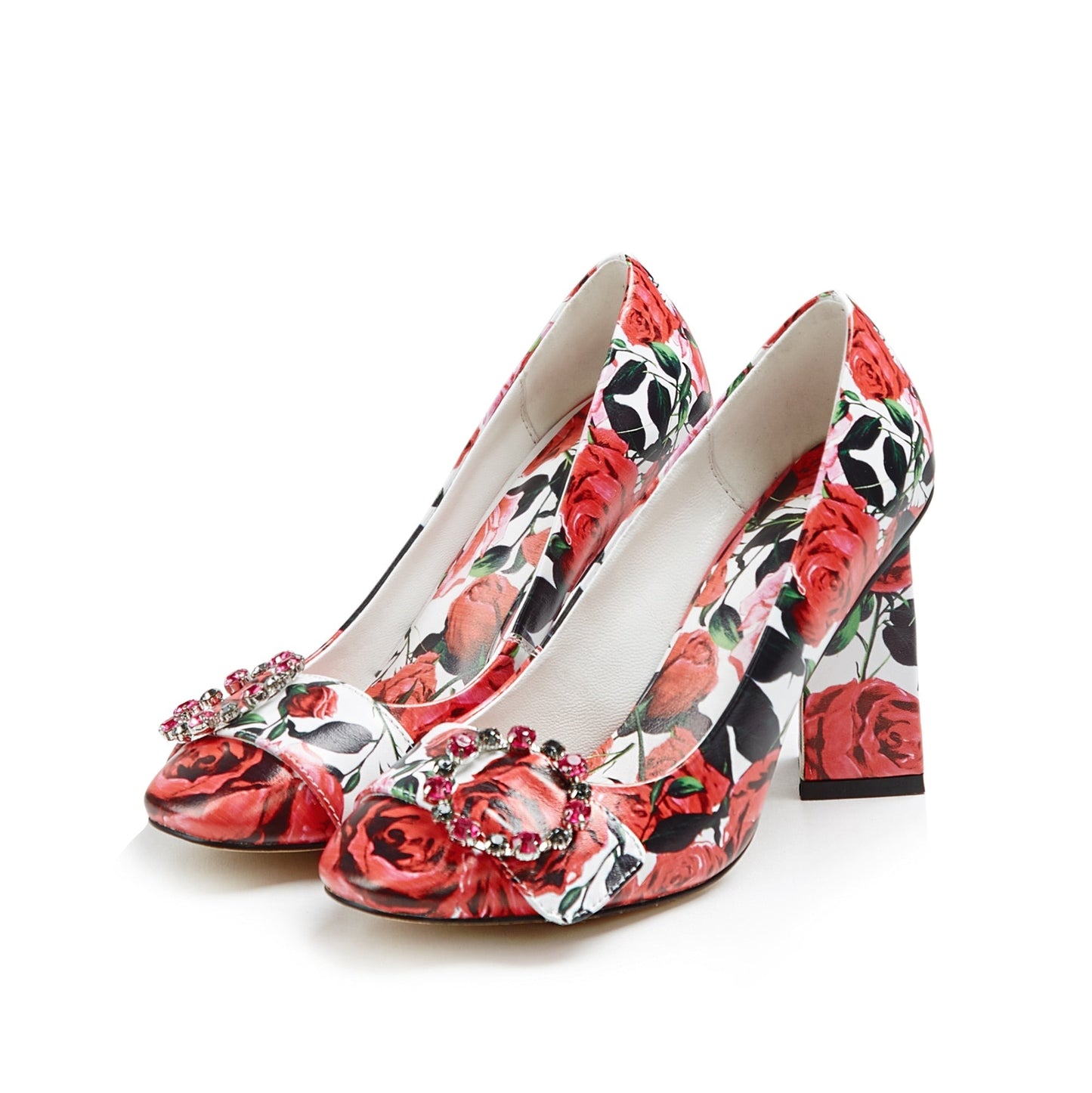 Rosa Rose Prints Pumps with Crystal Ring Buckle