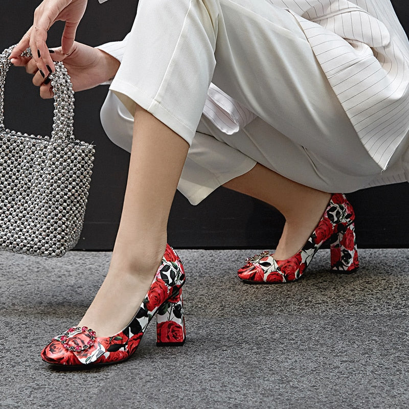 Rosa Rose Prints Pumps with Crystal Ring Buckle