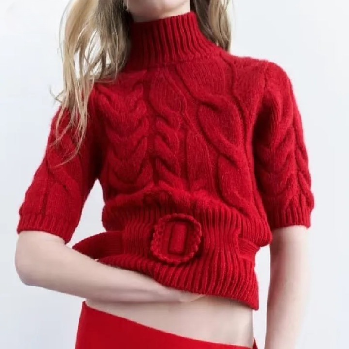 Rubina Red Cable Knit Belted Turtleneck Sweater