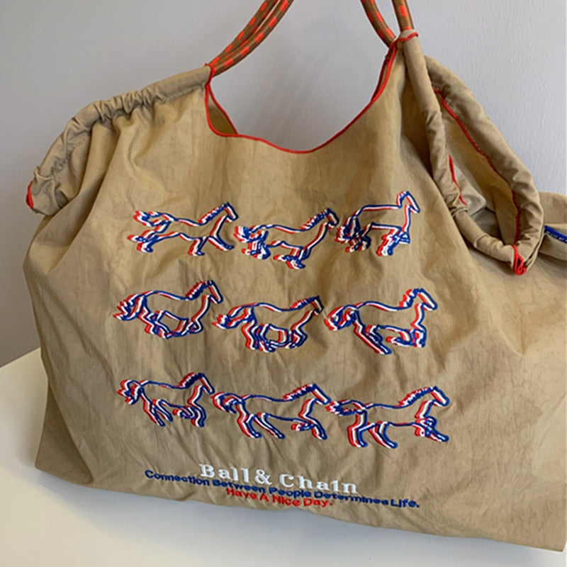 Running Horses Embroidery Casual Canvas Tote