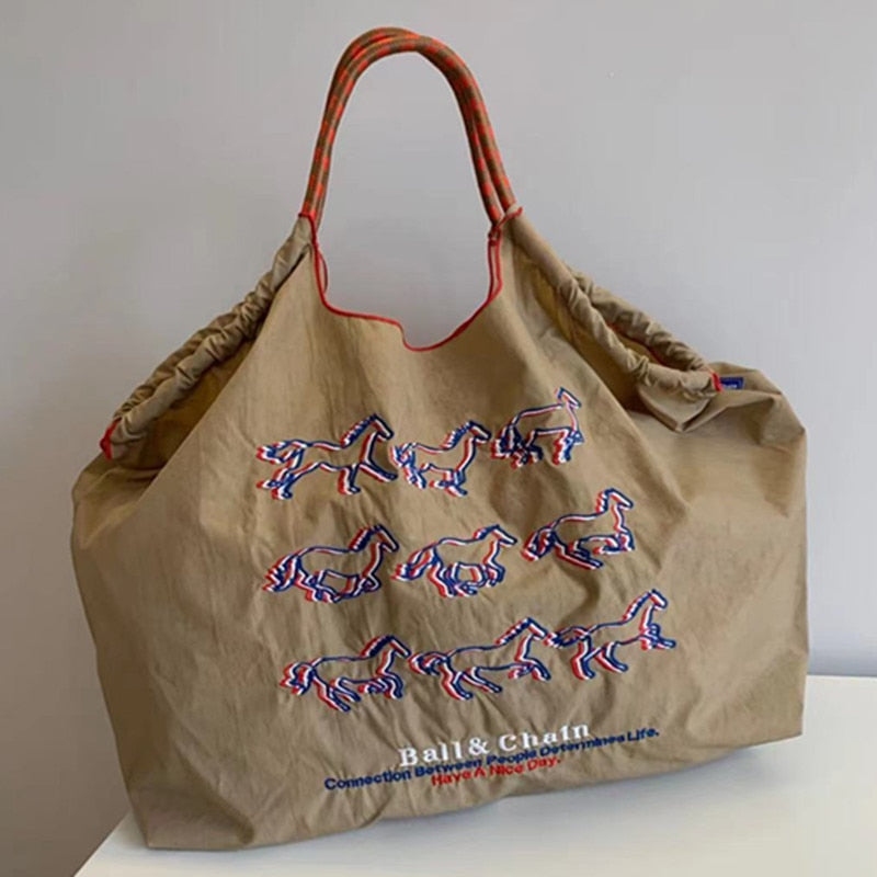 Running Horses Embroidery Casual Canvas Tote