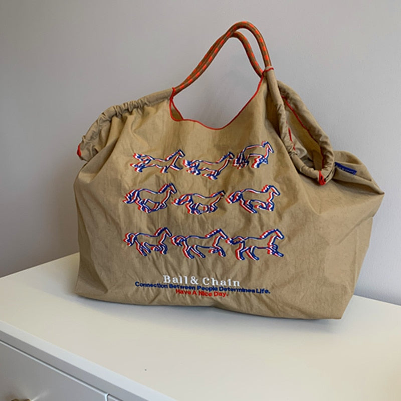 Running Horses Embroidery Casual Canvas Tote